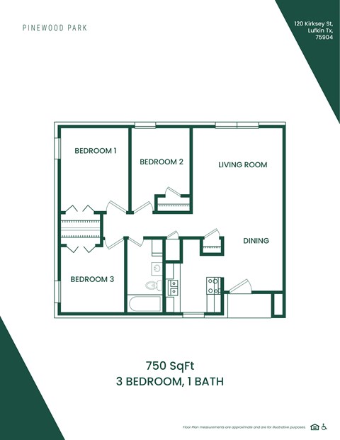 Floor plan for 3 beds, 1 bath, 864 sqft